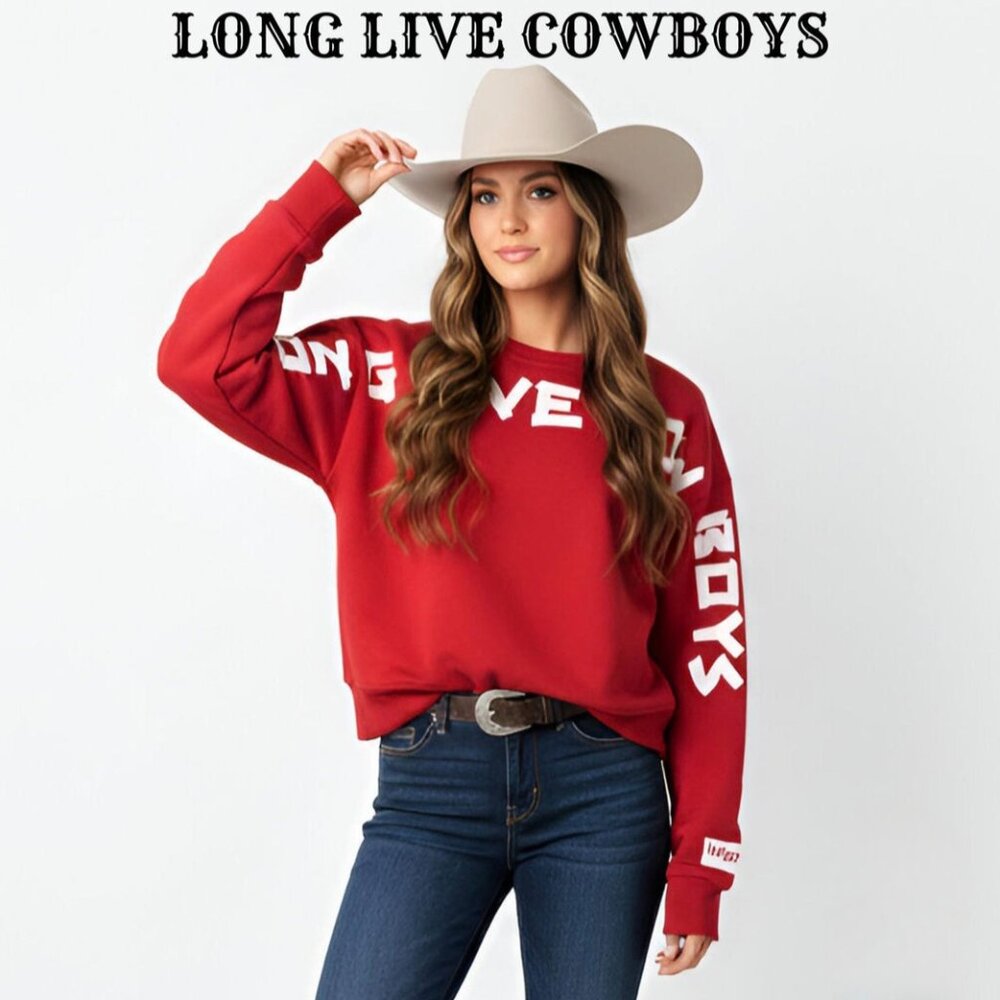 Women's Red 'Long Live Cowboys' Graphic Crewneck Sweatshirt